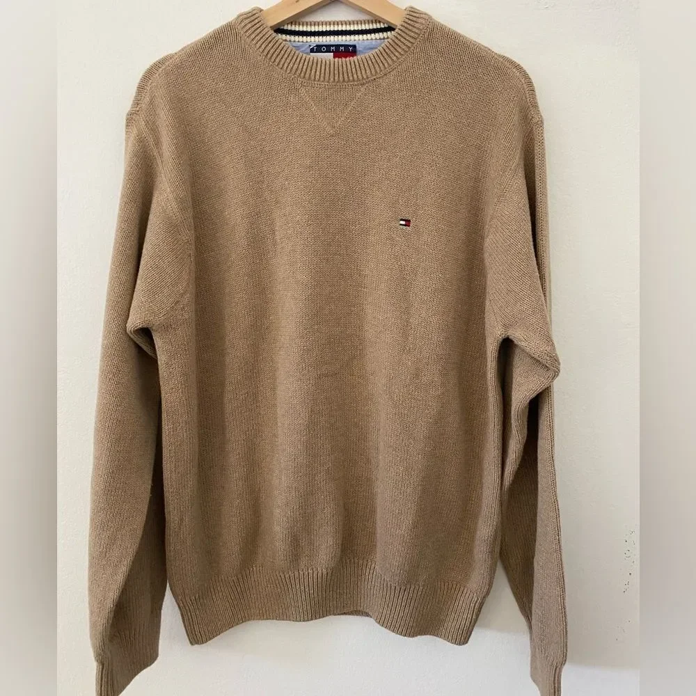 Tommy Hilfiger Y2K Tan knit crewneck Sweater Size Large Preppy Office wear